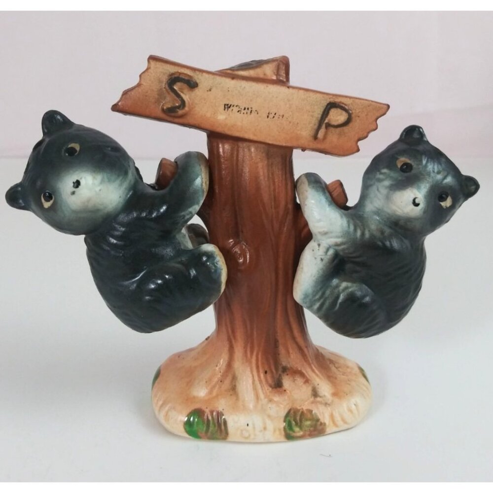 Vintage Fairway Black Bear Cubs Climbing Tree Salt & Pepper Shakers Japan